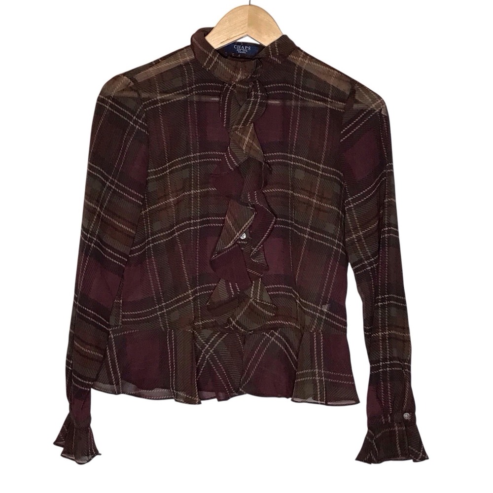 CHAPS Top Womens PM Plaid Chiffon Sheer Ruffle Peplum Button Up Blouse Brown